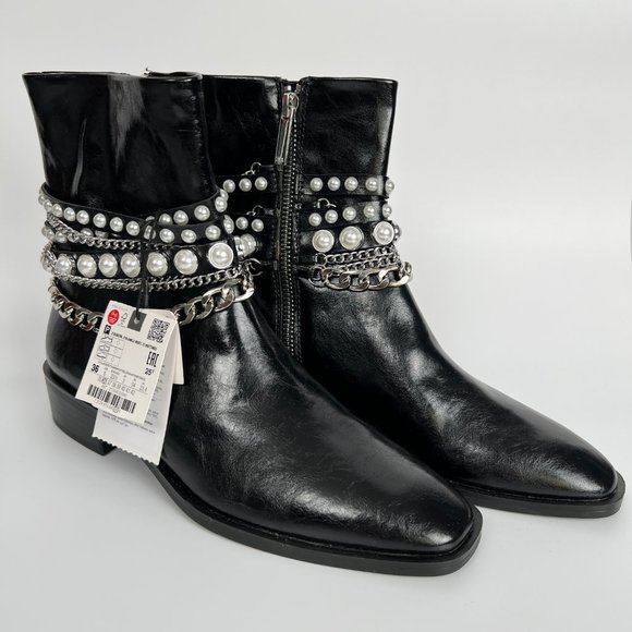 New Zara Short Heel Ankle Boots Pearl Beads Chains Leather Booties Combat Riding - Picture 3 of 14